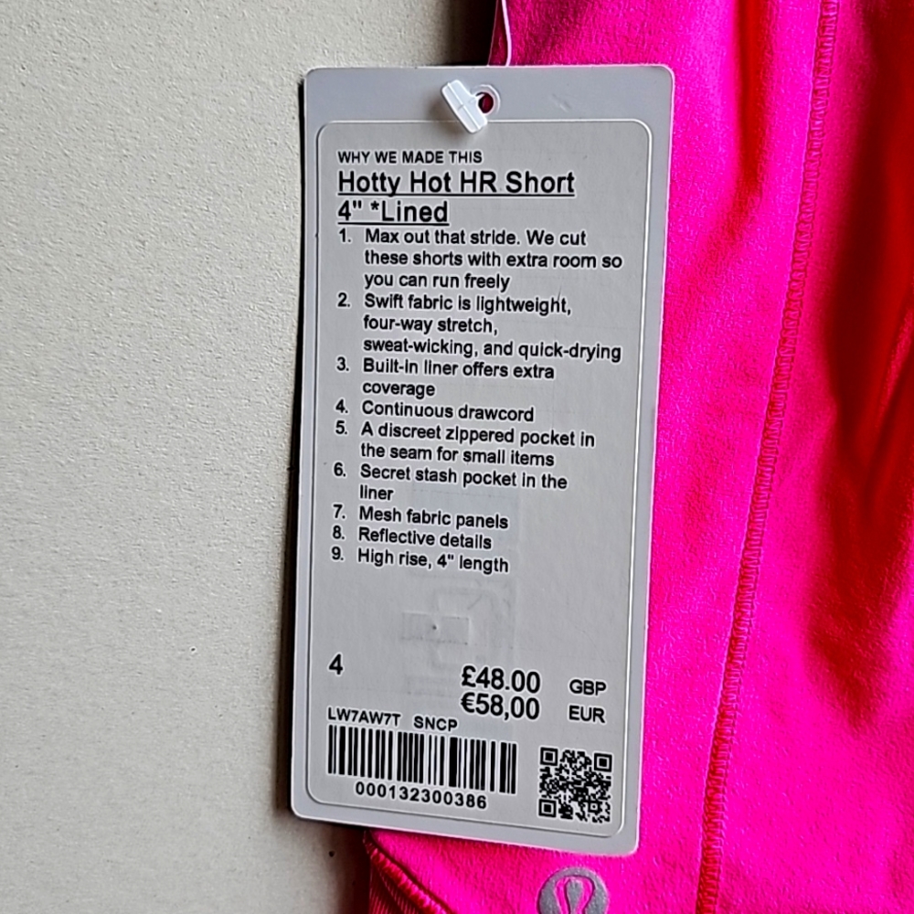 Lululemon Hotty Hot High Rise Short Lined 4" Shorts Color: Hot Pink